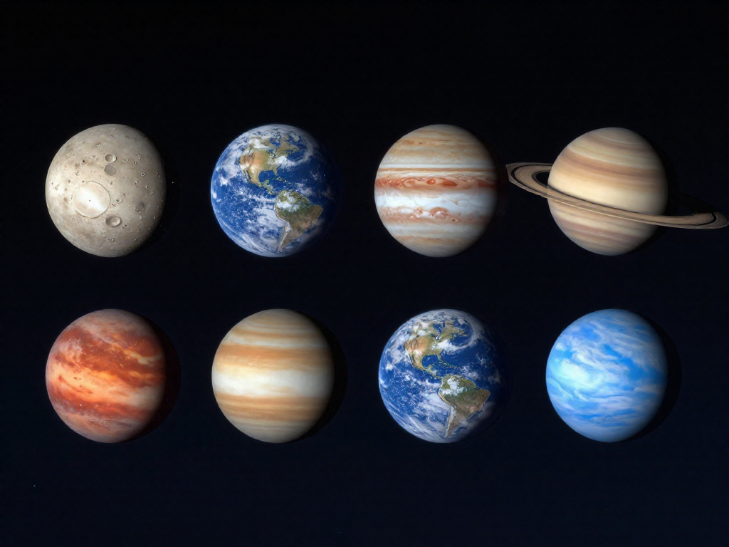 The eight planets of the solar system shown in a row from Mercury to Neptune with realistic colors