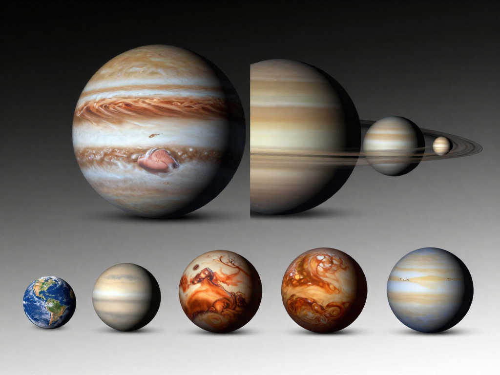 Scale comparison of the eight planets showing gas giants far larger than the rocky inner planets