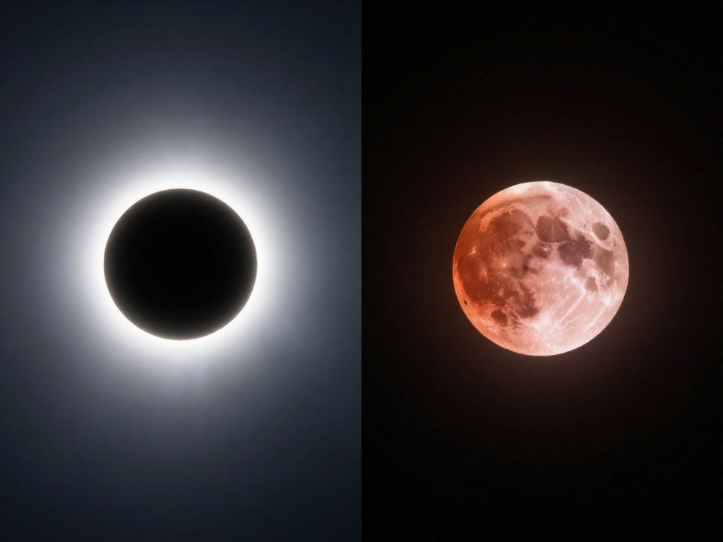 Total solar eclipse corona beside a red blood moon during lunar totality