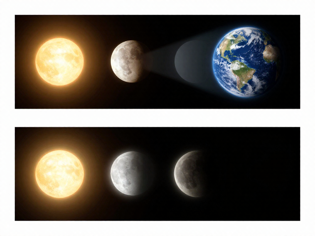 Diagram comparing Sun-Moon-Earth alignment for solar and lunar eclipses