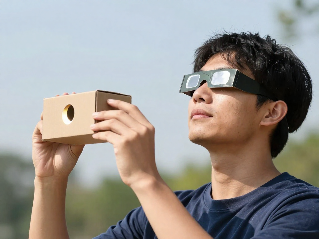 Person using eclipse glasses and a pinhole projector to safely view a solar eclipse