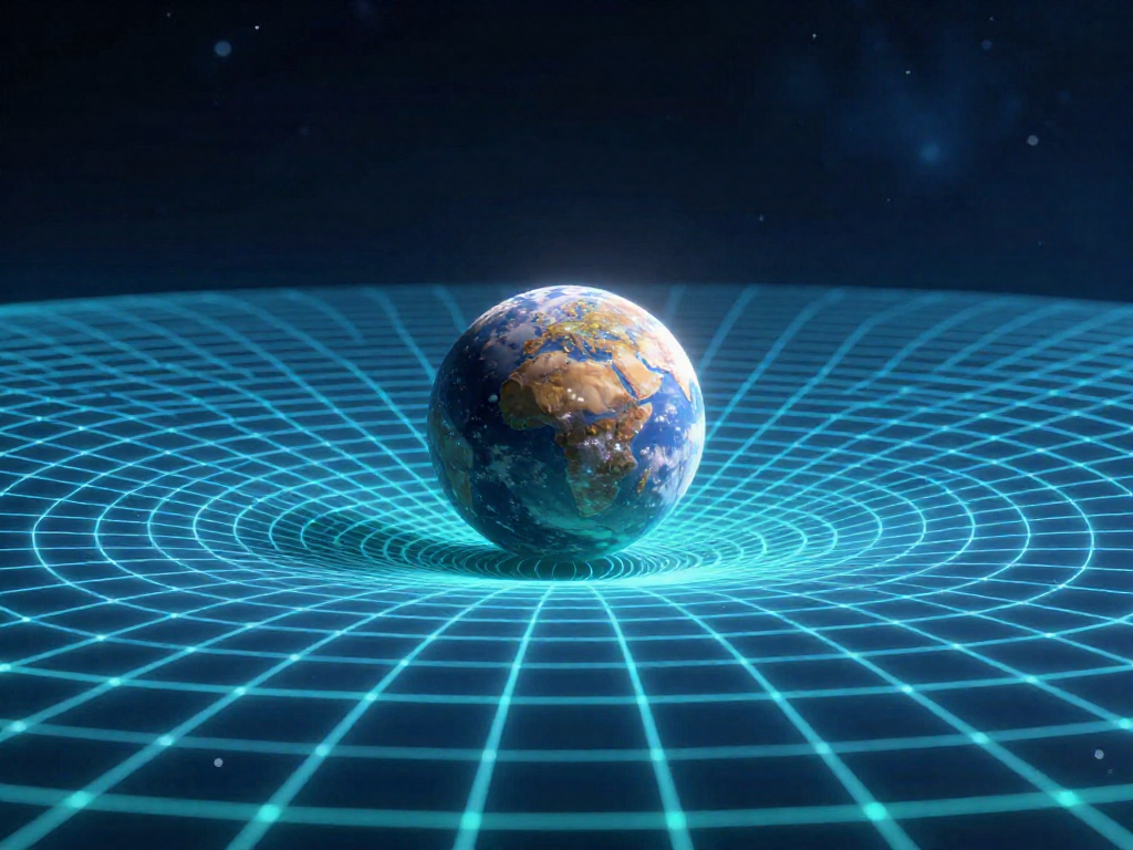 A planet resting on a curved glowing grid representing warped space-time