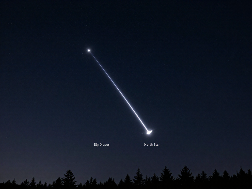 Night sky photo of the Big Dipper with guide lines pointing to the North Star