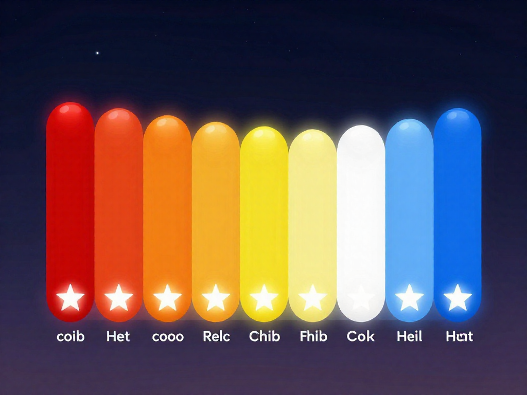 Infographic showing star colors from red to blue mapped to increasing temperature