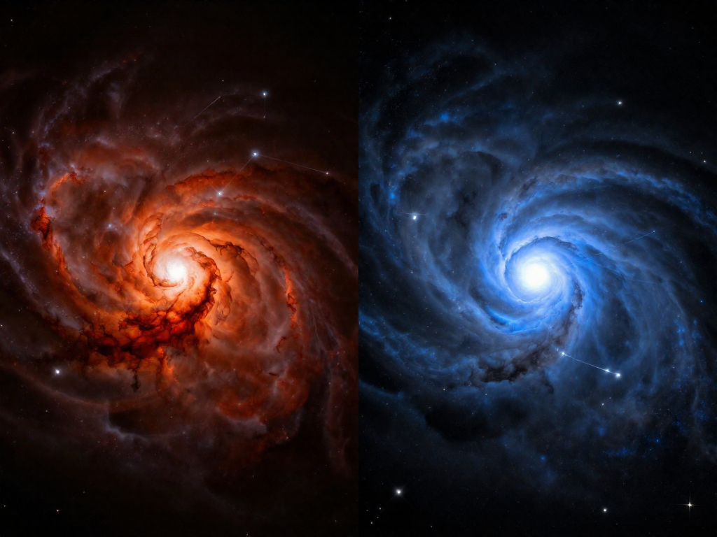 Red star Betelgeuse and blue star Rigel shown side by side in the Orion constellation