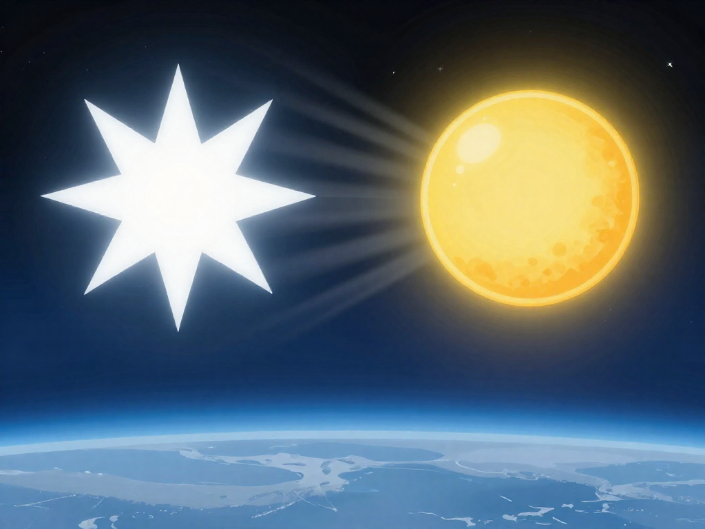 Illustration showing the white Sun appearing yellow after its light passes through Earth's atmosphere