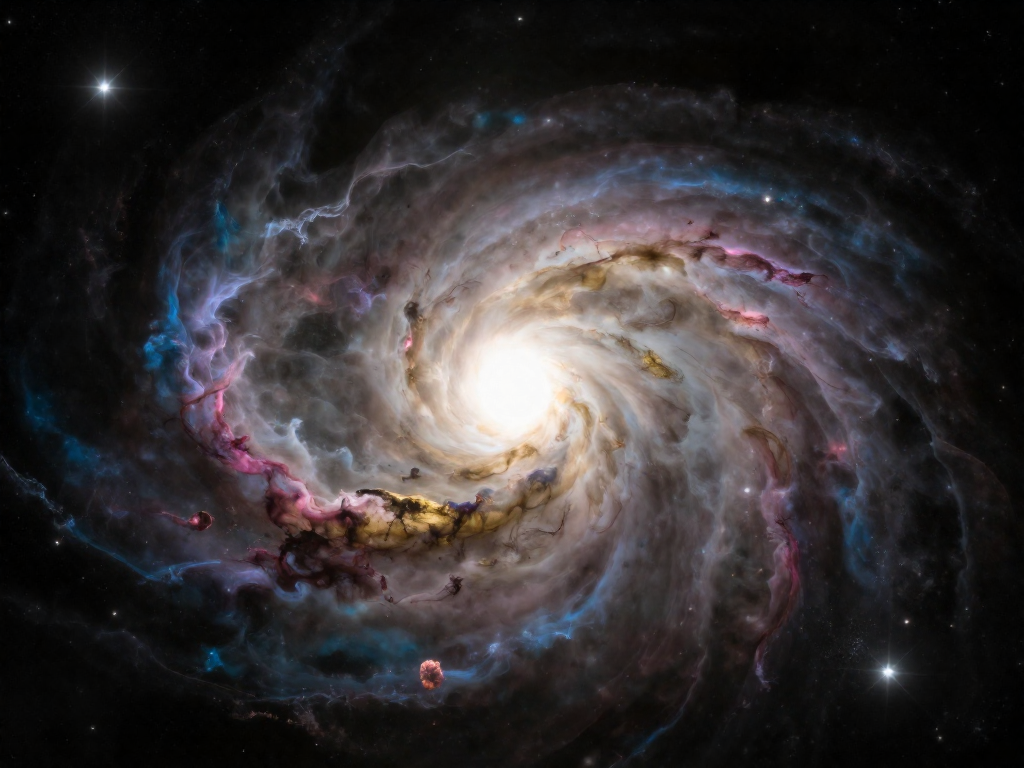 A glowing star surrounded by colorful clouds of cosmic gas and dust in deep space