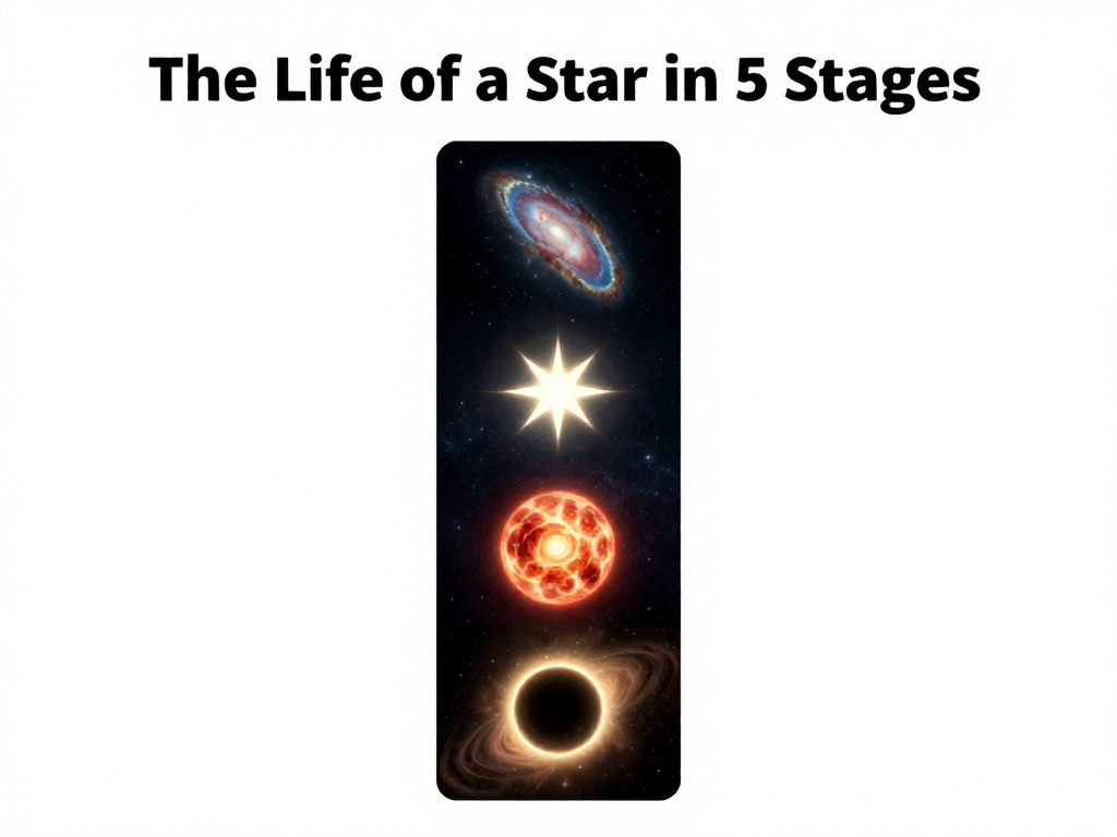 Vertical Pinterest pin showing the life of a star in five stages