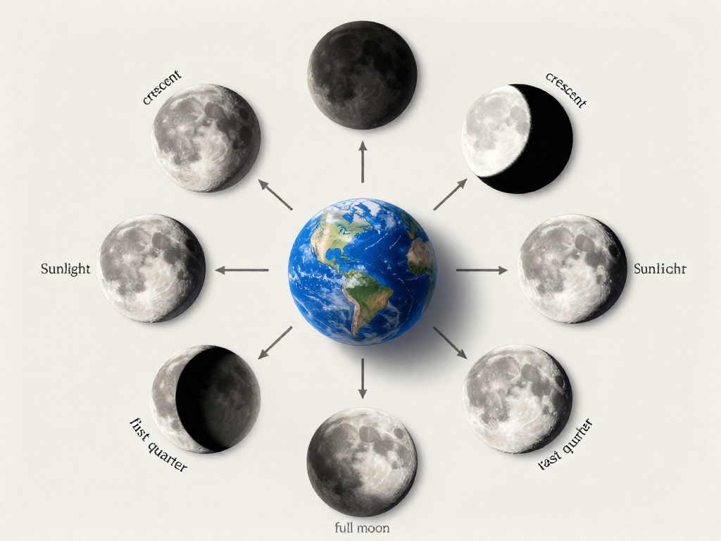Circular diagram showing all eight moon phases around Earth with sunlight direction marked