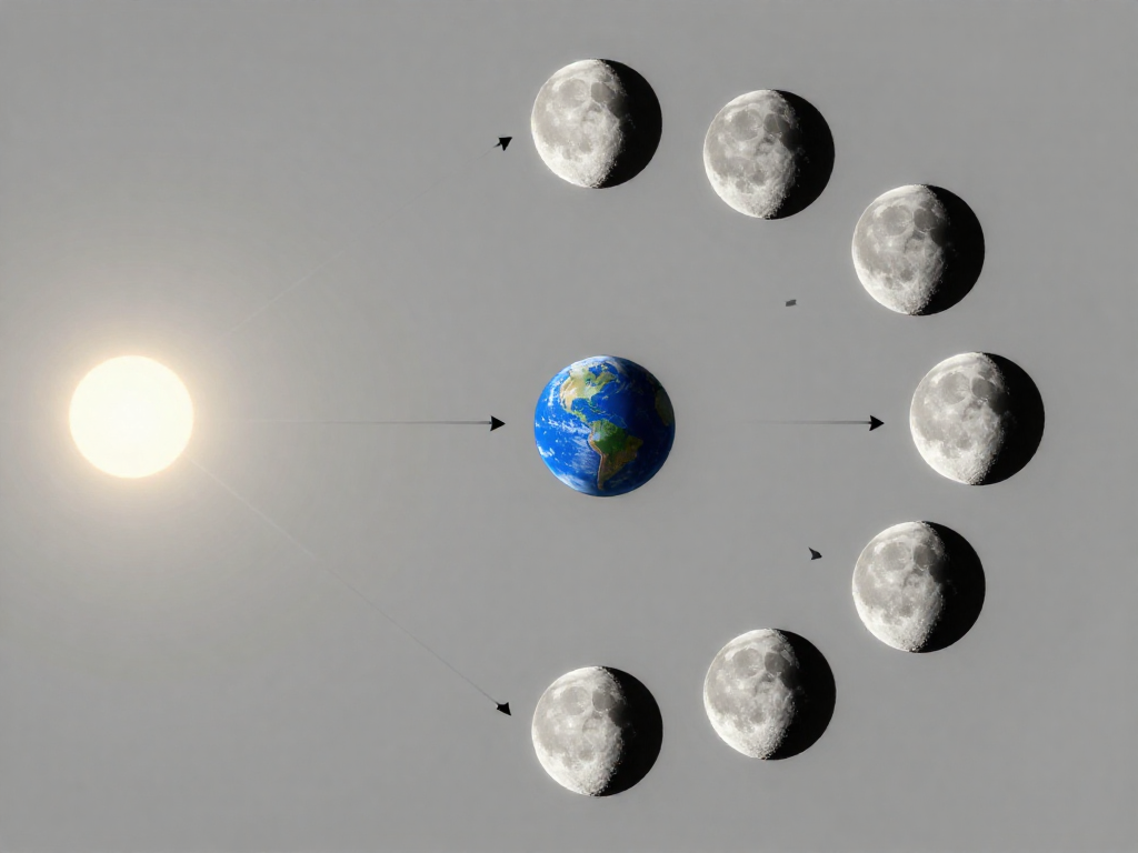 Top-down orbit diagram showing the Sun always illuminating one half of the Moon