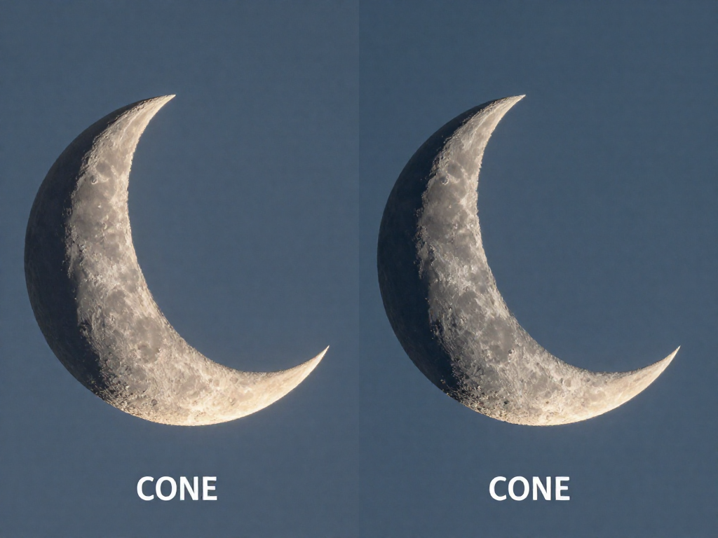 Waxing crescent lit on the right beside a waning crescent lit on the left