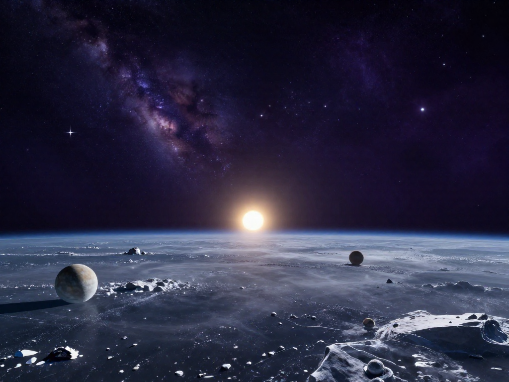 The distant Sun as a faint point of light illuminating a vast field of icy objects at the edge of the solar system