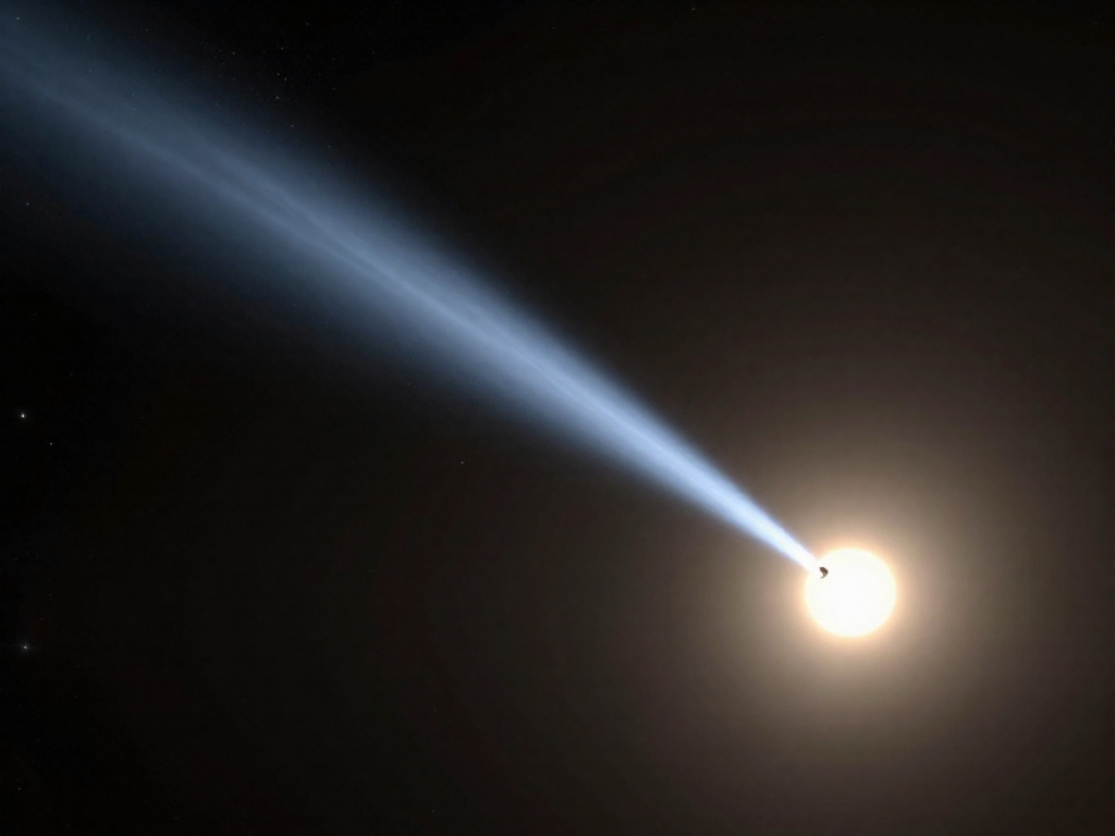 A comet with a glowing coma and long luminous tail approaching the distant Sun