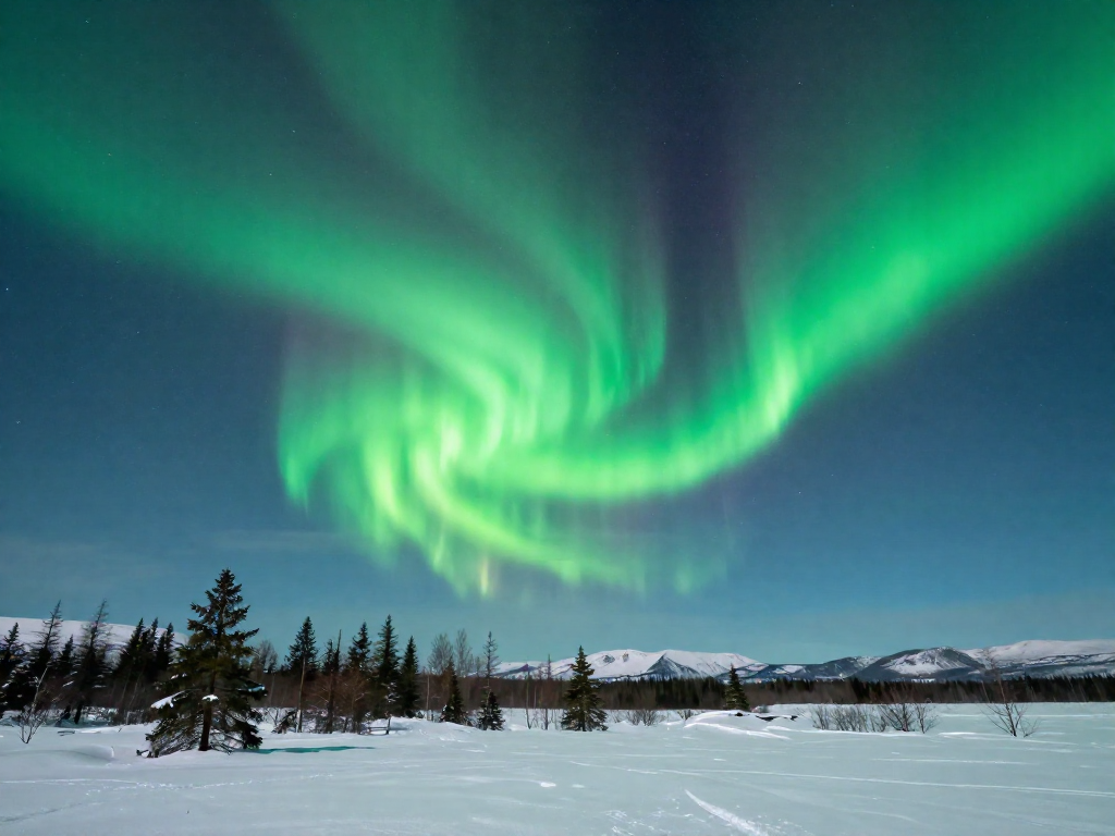 Green Northern Lights glowing over a snowy landscape with pine trees under a starry sky