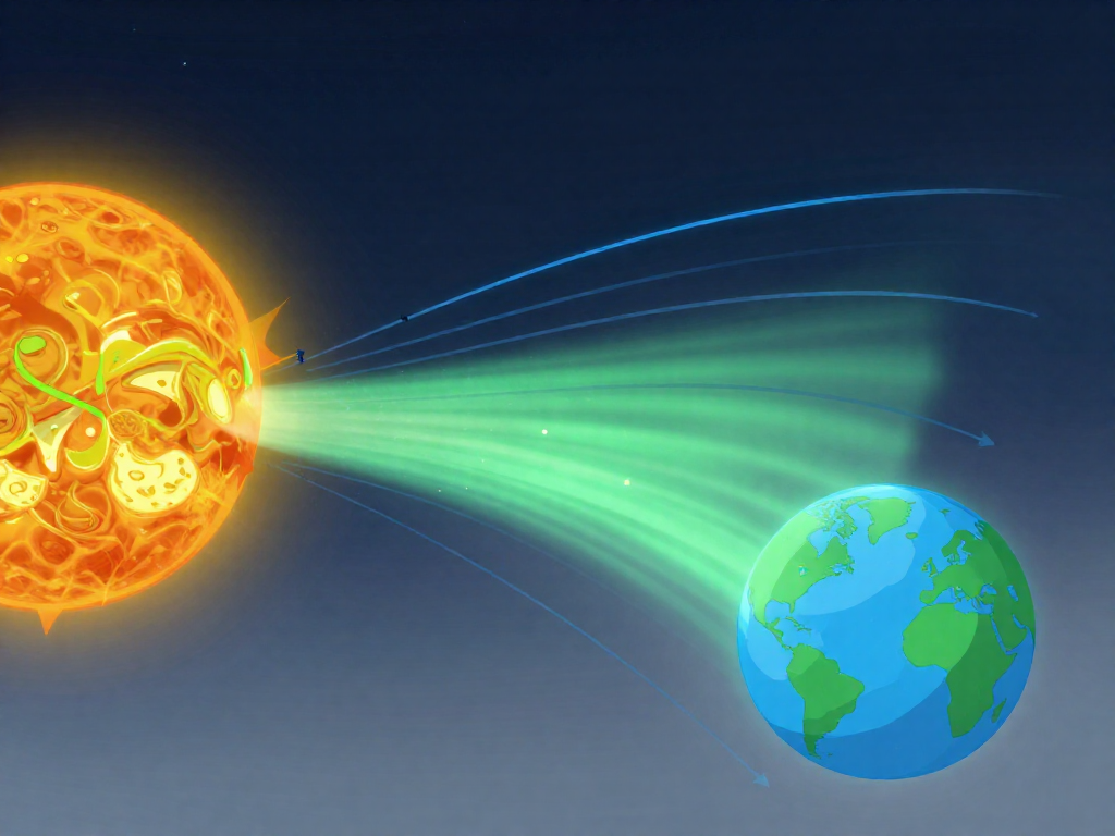 Diagram of solar wind hitting Earth's magnetic field and funneling to the poles to create auroras