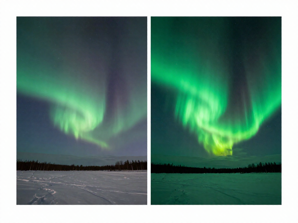 Side by side comparison of how auroras look to the naked eye versus through a camera