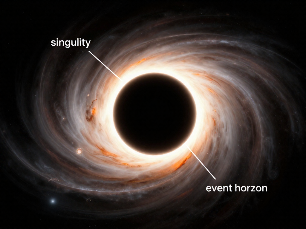 Labeled diagram of a black hole showing the central singularity and the surrounding event horizon