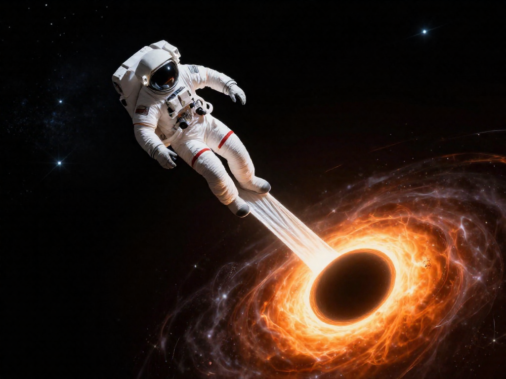 Illustration of an astronaut being stretched thin, or spaghettified, while falling toward a black hole
