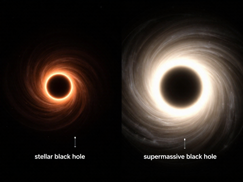 Side-by-side size comparison of a small stellar black hole and a giant supermassive black hole