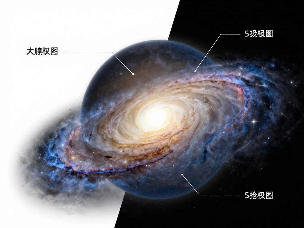 Labeled diagram of a spiral galaxy showing the core, spiral arms, disk, and halo