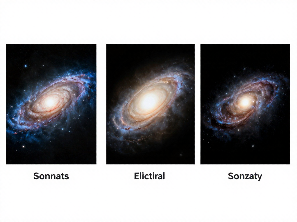 Side-by-side comparison of spiral, elliptical, and irregular galaxy types