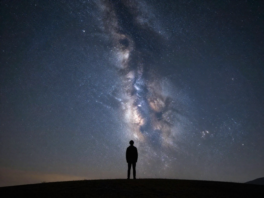 A lone person on a hilltop looking up at a vivid star-filled night sky with the Milky Way overhead