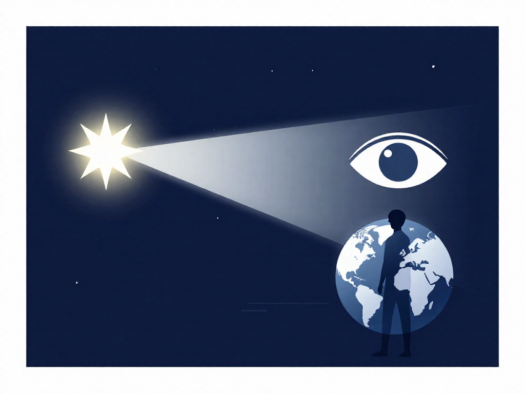 Diagram of light traveling from a distant star across space to a person's eye on Earth