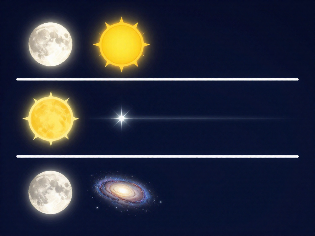 Infographic comparing how old the light is from the Moon, Sun, nearest star, and Andromeda galaxy