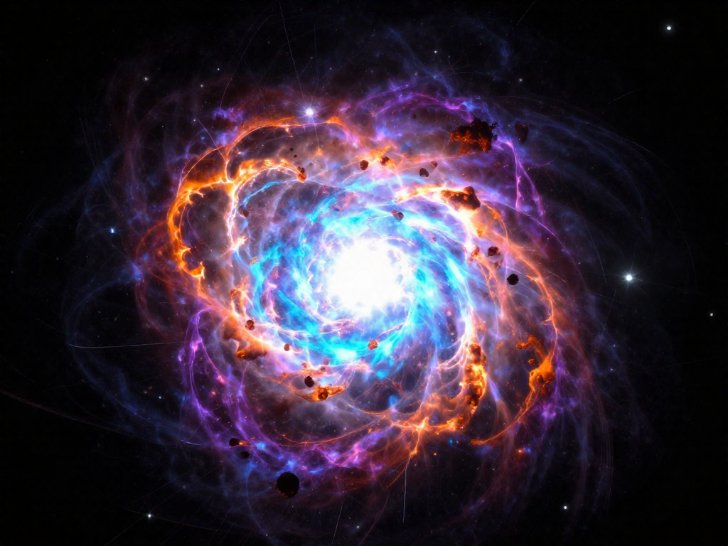 Illustration of a massive star exploding into a brilliant supernova with expanding shockwaves of colorful plasma across deep space