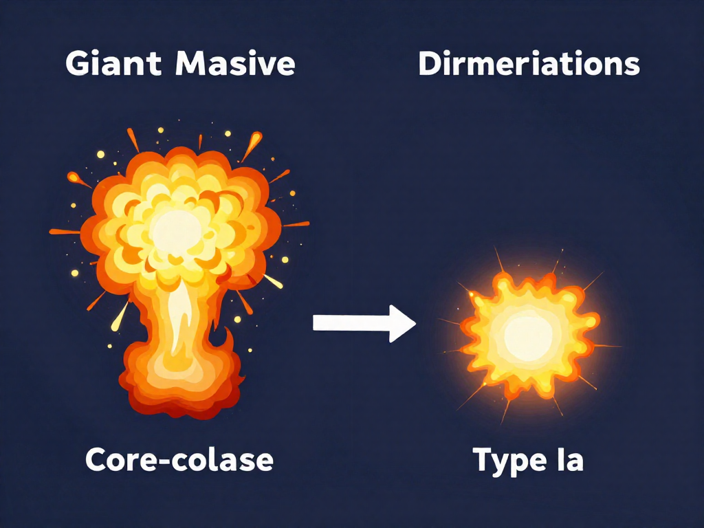 Side-by-side diagram comparing a core-collapse supernova from a massive star and a Type Ia supernova from a white dwarf