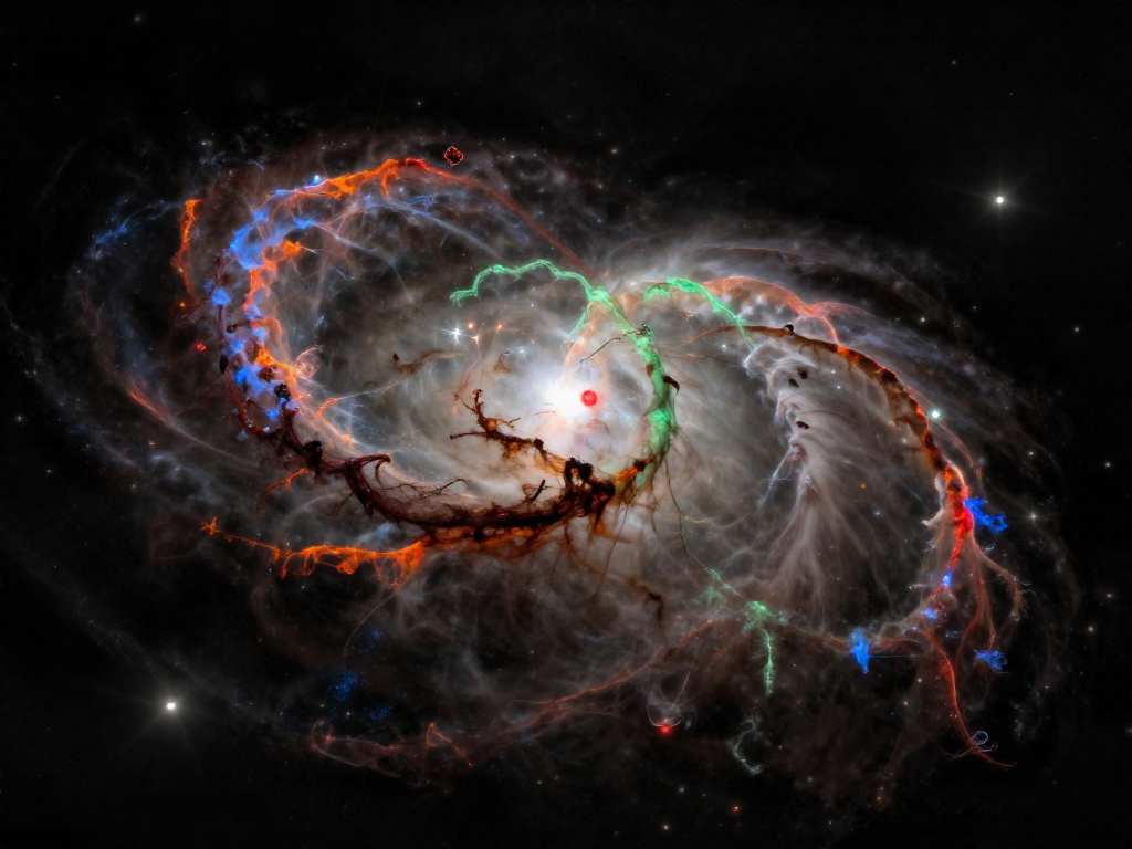 The colorful glowing filaments of the Crab Nebula, a real supernova remnant, photographed against deep space