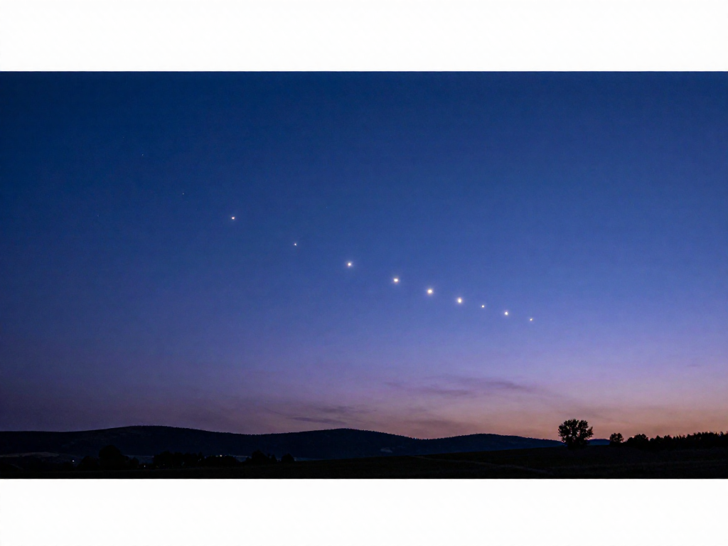 A row of bright planets stretched diagonally across a deep blue twilight sky above a quiet silhouetted horizon