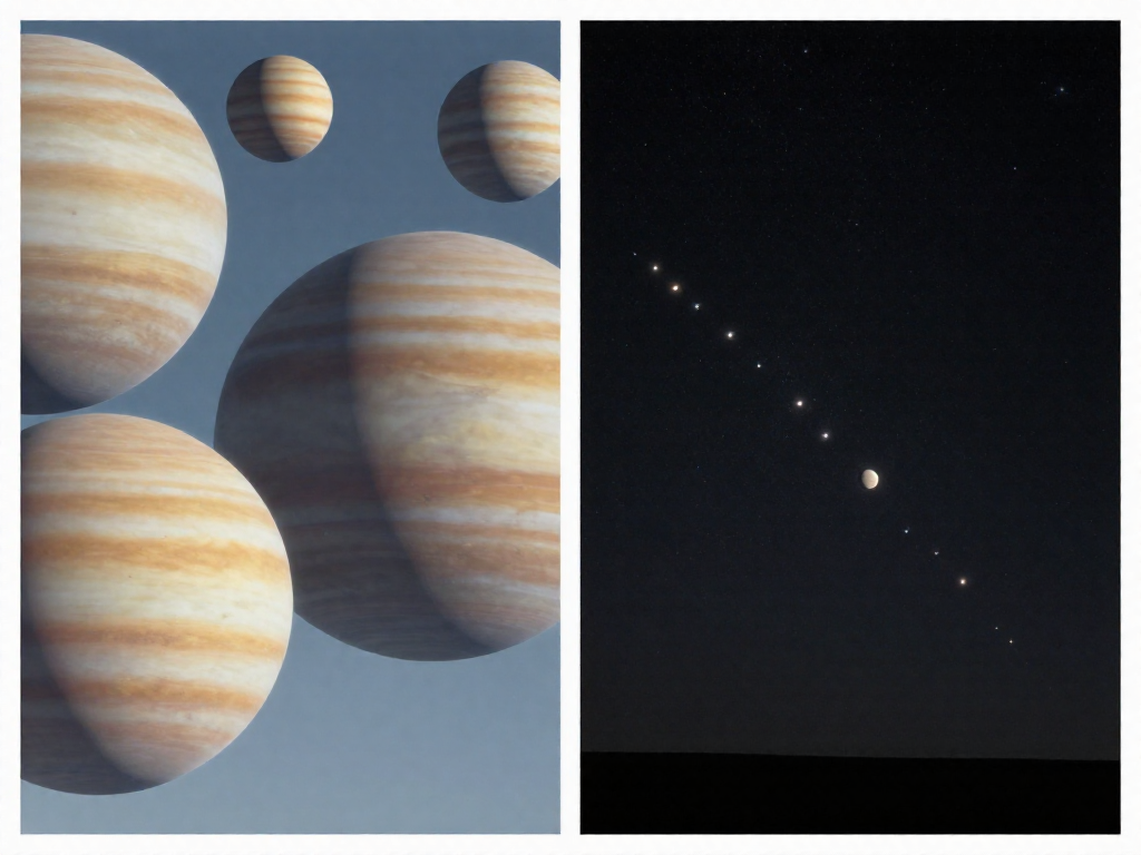 Side-by-side comparison showing an exaggerated viral illustration of huge planets versus the realistic view of small, subtle points of light