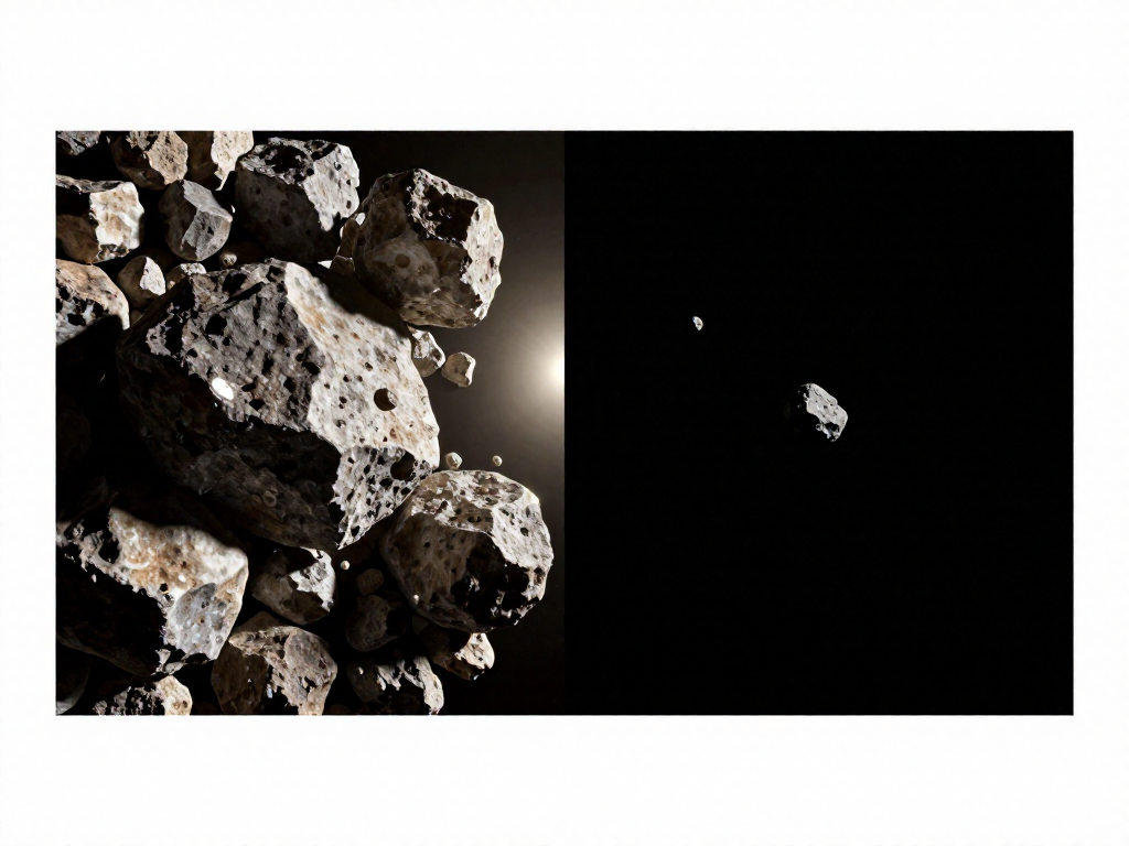 Side-by-side comparison of a crowded movie-style asteroid field versus the real, sparsely spread asteroid belt.
