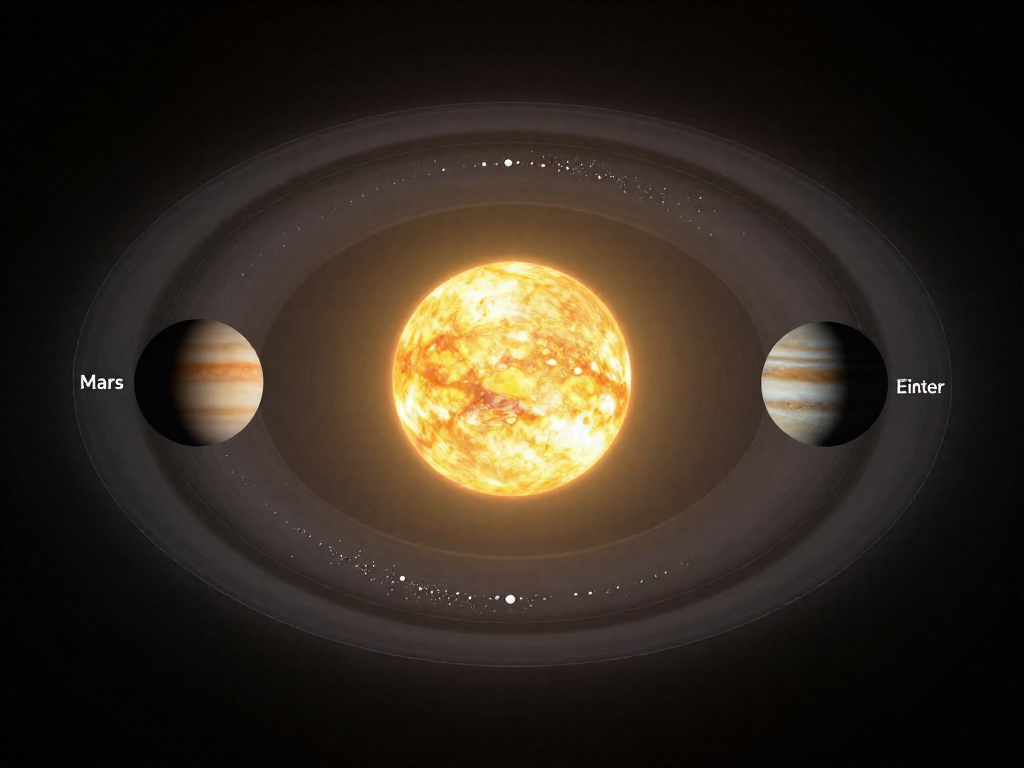 Diagram of the solar system showing the asteroid belt located in the gap between the orbits of Mars and Jupiter.
