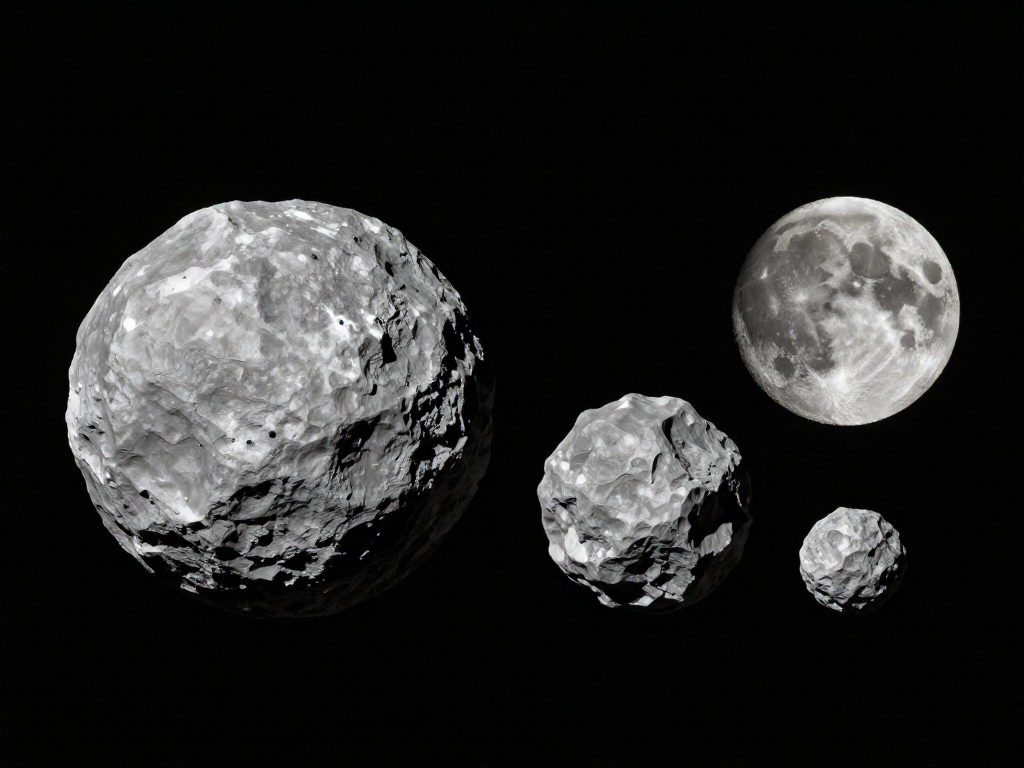 Scale comparison showing dwarf planet Ceres and asteroids Vesta and Pallas sized against the much larger Moon.