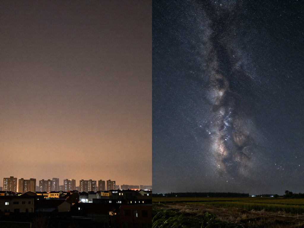Side-by-side comparison of a hazy light-polluted city sky with few stars next to a dark rural sky full of stars and the Milky Way