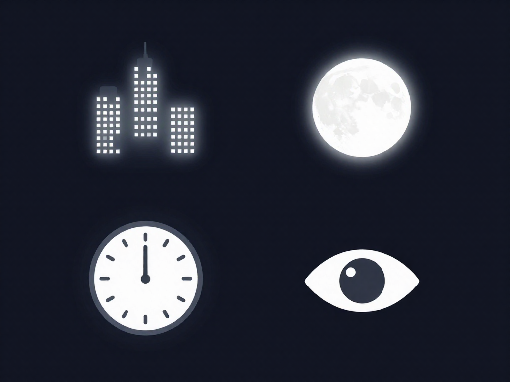 Infographic showing the four main reasons you can't see stars: light pollution, the Moon, timing, and your eyes not being dark-adapted