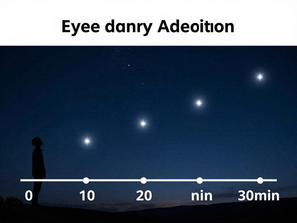 Timeline diagram showing how the human eye adapts to darkness over 20 to 30 minutes, revealing more stars over time