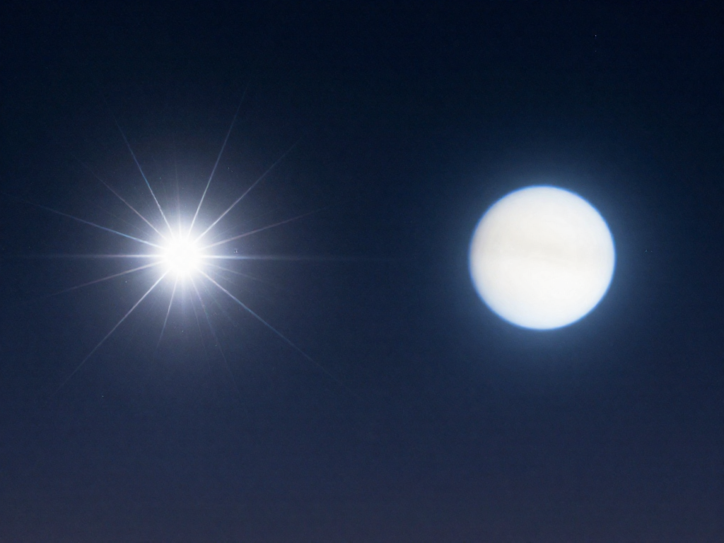 A twinkling sparkling star beside a steady solid glowing planet in a deep blue night sky