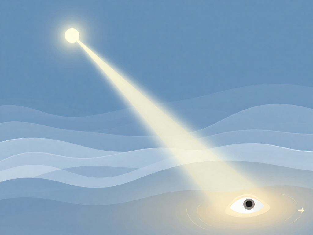 Diagram showing a beam of starlight bending as it passes through wavy pockets of atmosphere toward an eye
