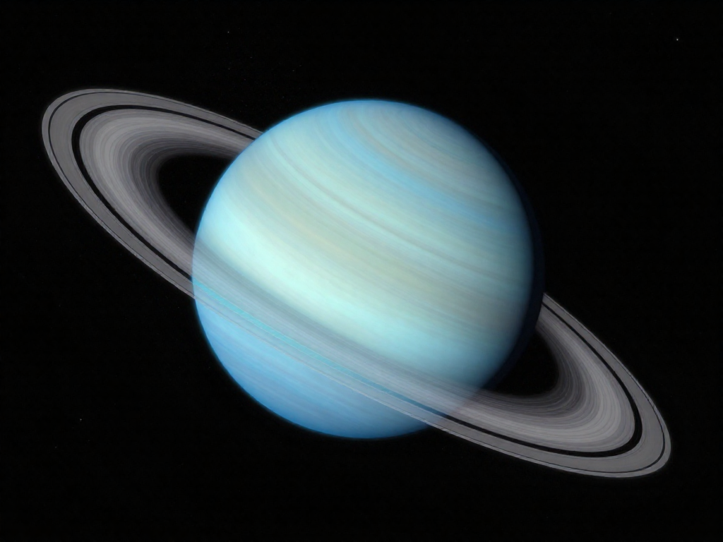 The pale blue planet Uranus tilted nearly sideways with its thin rings appearing vertical against a dark starry sky