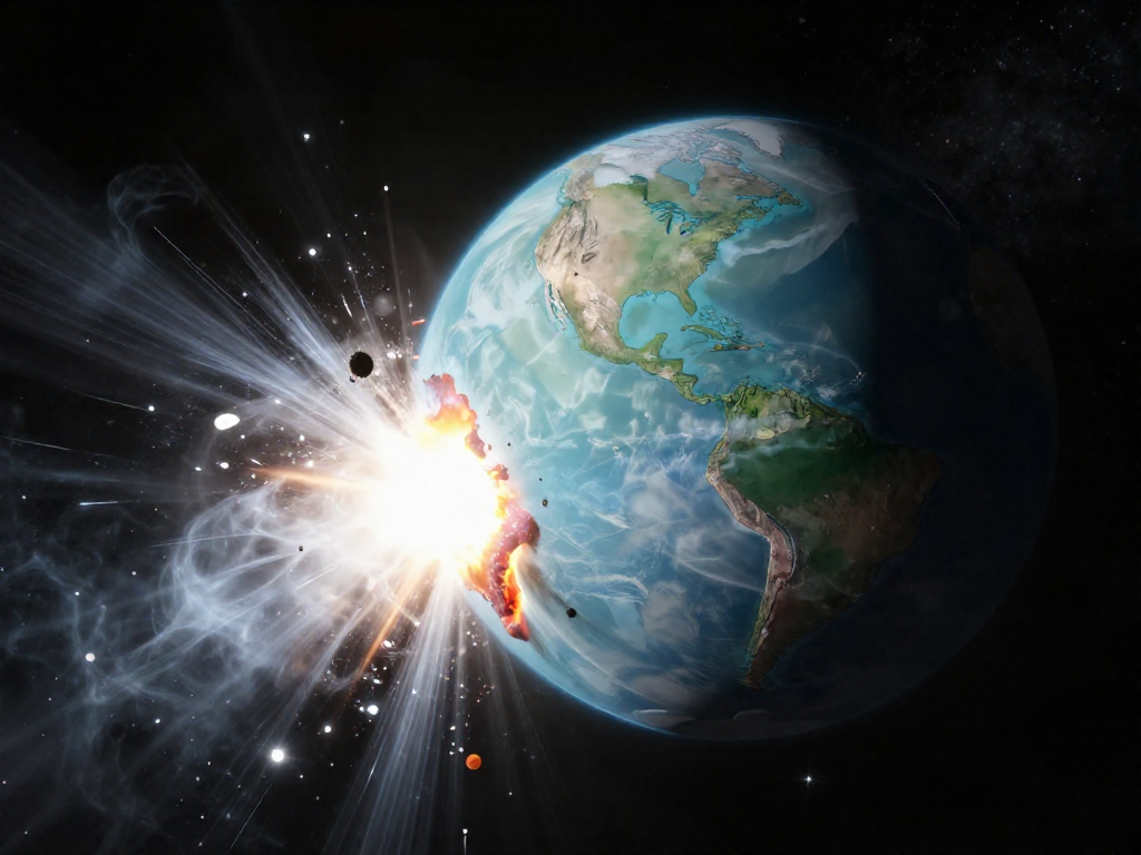 Artist's depiction of a giant Earth-sized planet colliding with young Uranus, ejecting a plume of icy debris in space