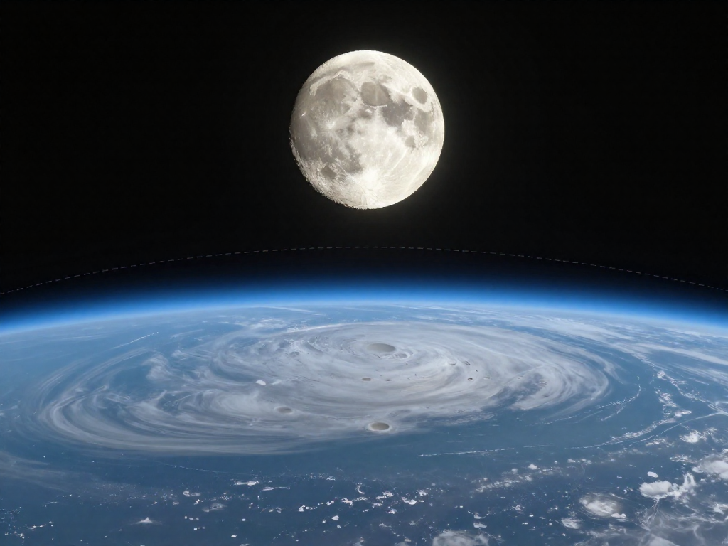 The full Moon above the curved edge of Earth with a faint dashed orbital arc