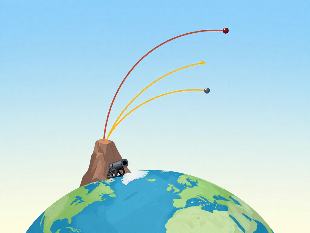 Diagram of Newton's cannonball with slow, faster, and full orbital trajectories around Earth