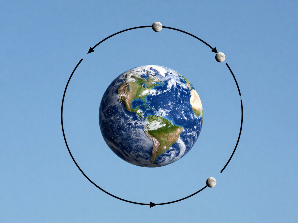 Illustration of the Moon's curved path falling around Earth with gravity and motion arrows