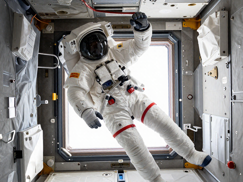 An astronaut floating in free-fall inside the International Space Station