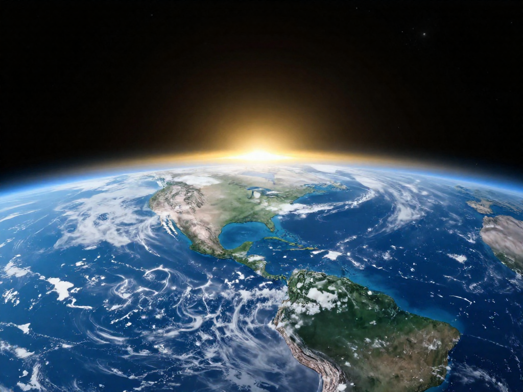Planet Earth glowing blue and green against black space, lit by warm sunlight on one edge