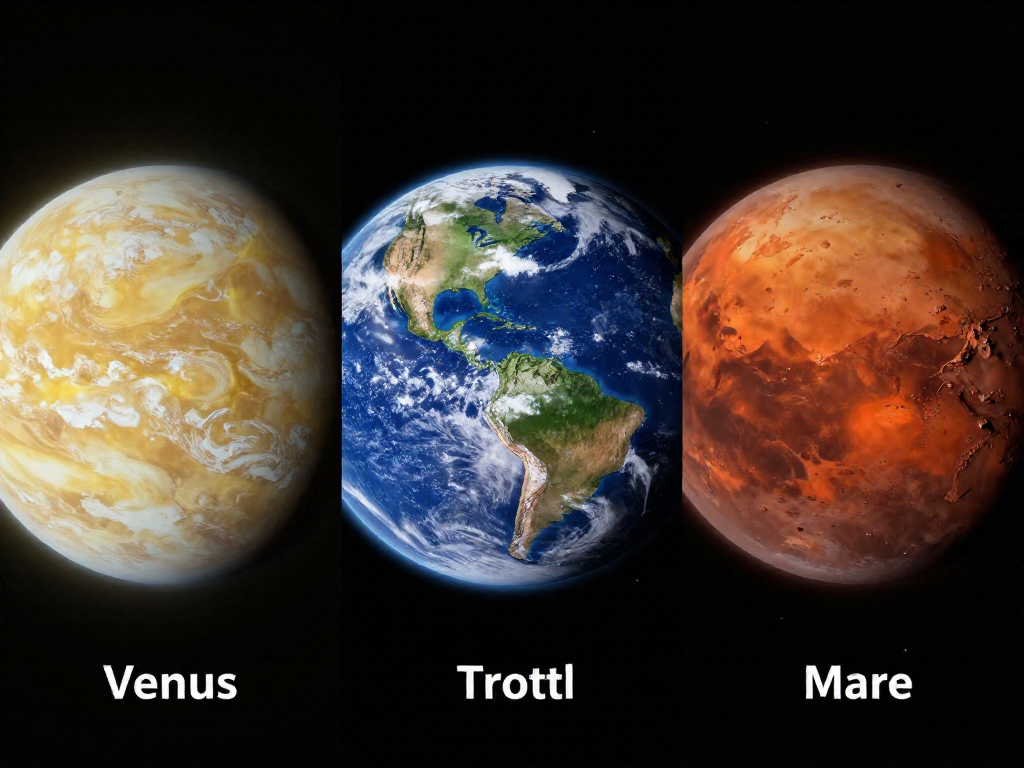 Venus, Earth, and Mars shown side by side against space, contrasting a hot, a habitable, and a cold planet