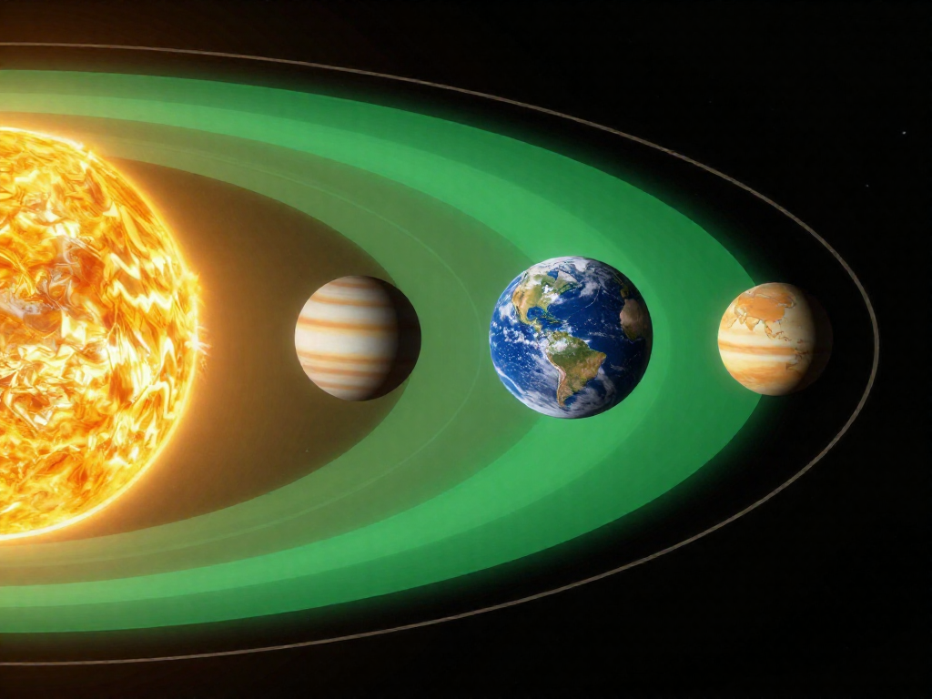 Diagram of the Sun with a green habitable zone band showing Earth positioned in the just-right region